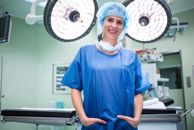 Portrait of female surgeon standing with hands in pockets in operation room at hospital