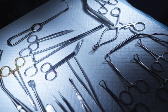 Close-up of surgical instruments arranged on table in operation room at hospital