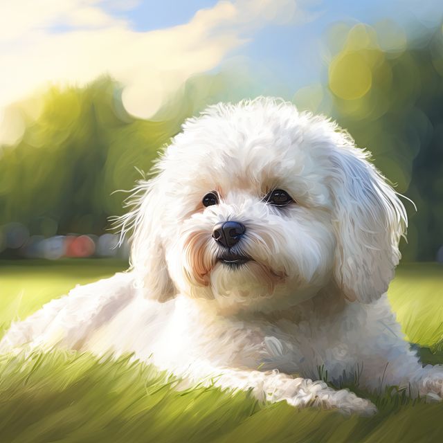 Image of a cute, white, fluffy dog relaxing on grass in a park, enjoying a sunny summer day. Suitable for use in pet care advertisements, animal-themed blogs, veterinary promotional materials, and social media posts celebrating pets.