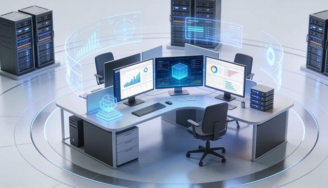 Futuristic noc console with curved monitors displaying dashboards and holographic 3d cube