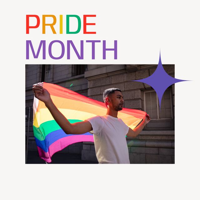 Pride Month Celebration with Biracial Man Holding Rainbow Flag - Download Free Stock Templates Pikwizard.com