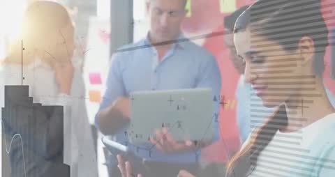 Business Team Collaborating with Analytics Overlay in Modern Workspace