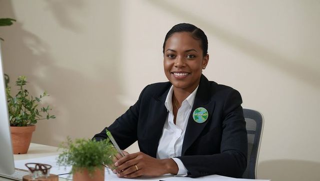 Smiling businesswoman writing at office desk wearing planet pin promoting conservation