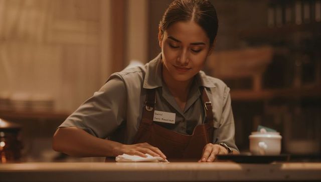 Young barista wiping wooden countertop in cozy cafe wearing brown leather apron under warm light