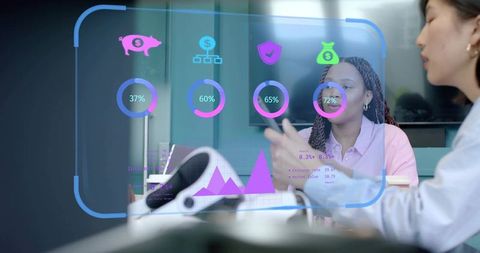 Boardroom team reviewing augmented financial analytics overlay with vr headset and tablet