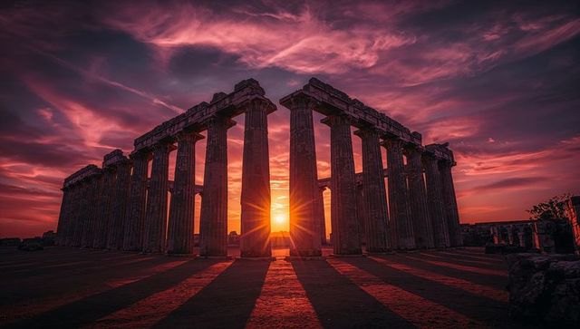 Sunburst through doric colonnade at sunset dramatic ruins silhouette with long shadows