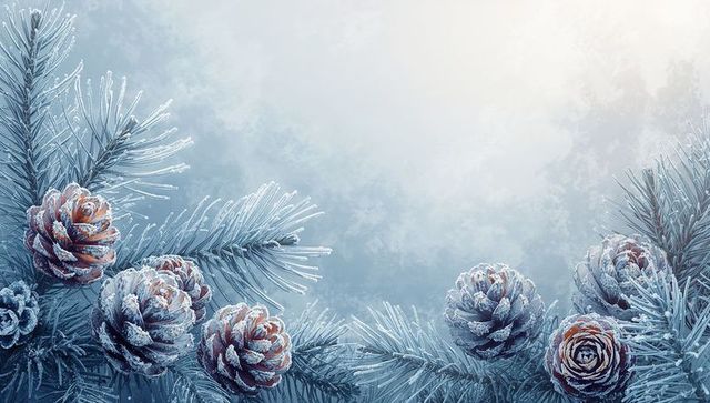 Frosted Pine Cones and Evergreen Branches Framing Soft Blue Winter Background
