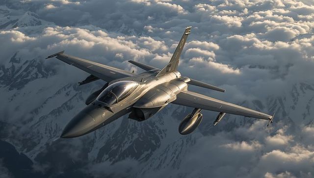 Military jet fighter soaring above snow-capped peaks in cloudy sky
