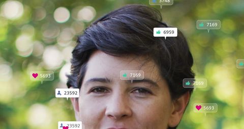 Woman in garden with overlapping social media icons