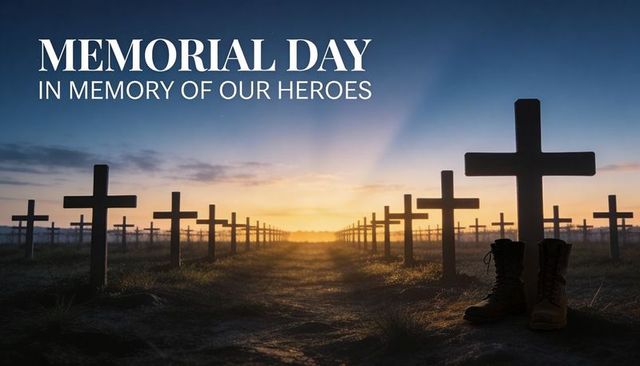 Memorial day tribute featuring rows of military crosses at sunrise with soldier boots