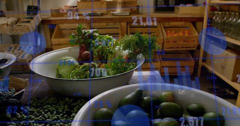 Organic produce with statistical overlay representing market data
