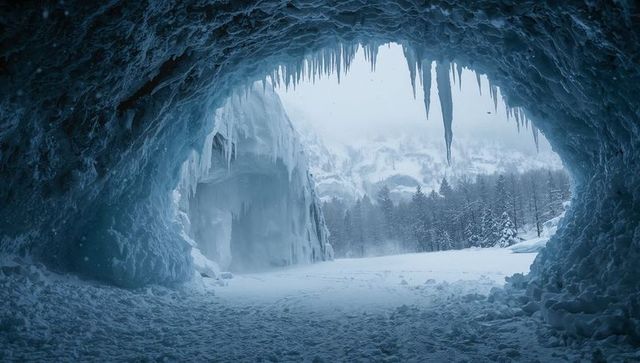 Revealing ice cave framing snowfield with jagged icicles and blue glacial arch