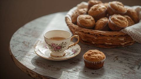 Sitting vintage floral porcelain teacup with gold rim and muffin on distressed wooden table