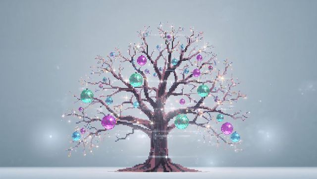 Pixel-art crystal tree with glossy turquoise magenta ornaments and sparkling lights