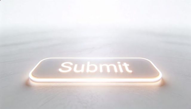 Glowing submit button sitting on matte surface emitting warm light, modern ui cta
