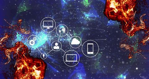 Glowing network hub connecting cloud services, devices and user icons over cosmic nebula backdrop