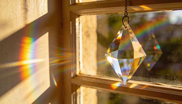 Faceted crystal prism hanging in sunlight casting rainbow spectrum on window wall