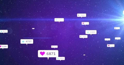 Social Media Likes Floating in Neon Space Interface with Engagement Metrics and Analytics