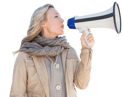Caucasian woman shouting with megaphone transparent background
