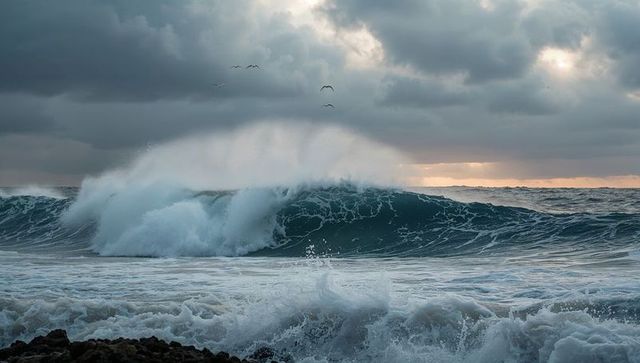Dramatic Ocean Wave Crashing Under Stormy Skies