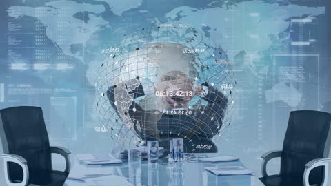 Businessman Envisioning Global Strategy with Digital World Map Overlay