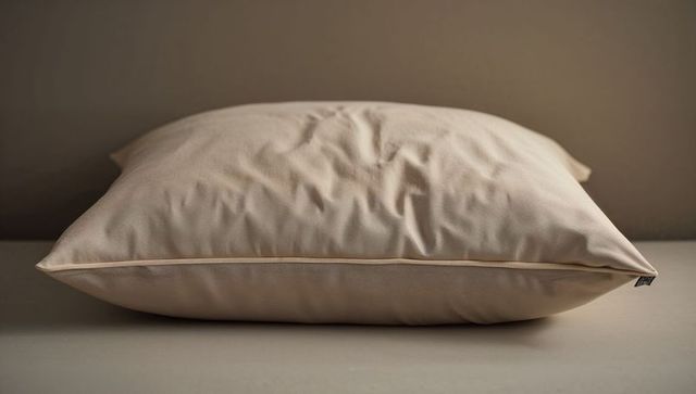 Beige piped-edge pillow lying flat on neutral tabletop showing linen texture and seam