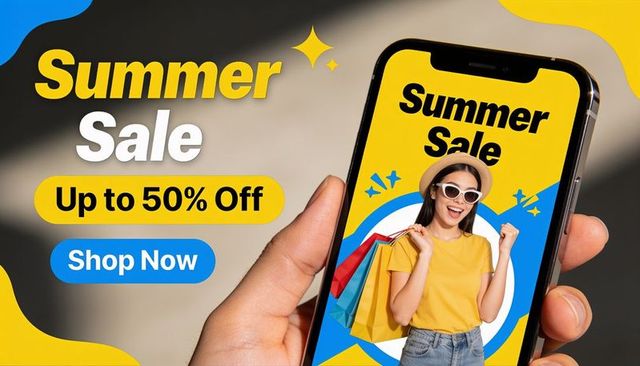Holding phone showing summer sale screen featuring happy shopper with straw hat