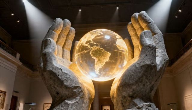 Monumental stone hands cradling glowing earth orb in grand museum gallery under spotlights