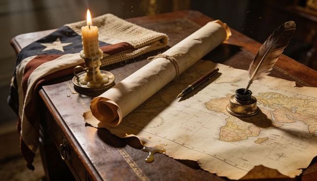 Candlelit antique world map with rolled parchment quill and brass inkwell on wooden desk