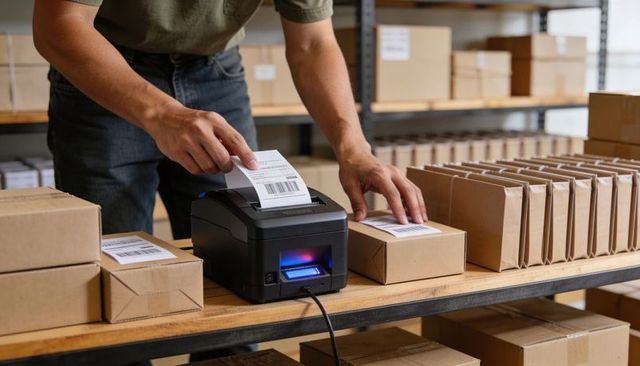Warehouse Worker Applying Shipping Label to Cardboard Box at Packing Station