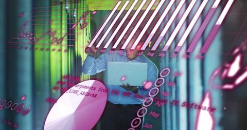 It engineer analyzing ar analytics with holographic neon charts in datacenter corridor