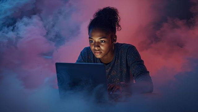 Focused woman typing on laptop in mysterious foggy atmosphere