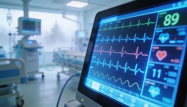 Icu vital signs monitor showing ecg waveforms and heart rate 89 at hospital bedside