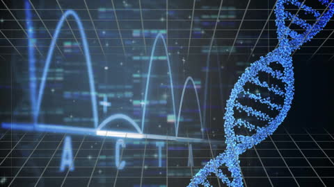 Digital Data DNA Strand Overlay with Graphs and Patterns