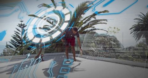 Training on rooftop deck with augmented reality overlay showing fitness metrics and code