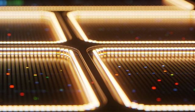 Macro close-up of four micro-led panels showing dense pixel array, glowing bezels and solder details