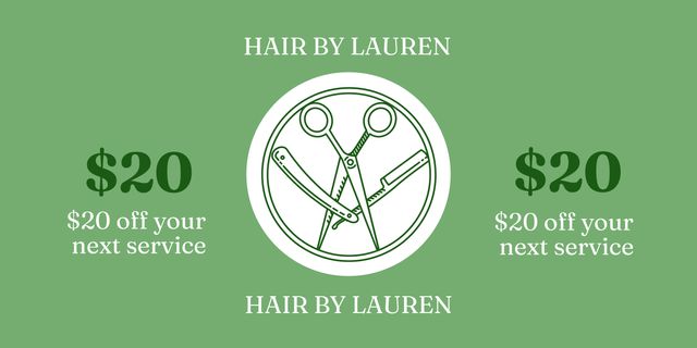 The image features a green background with a central emblem of scissors and a comb, promoting a $20 discount for hair services from 'Hair by Lauren'. Ideal for advertising salon promotions, attracting new clients, or creating appealing social media ads.
