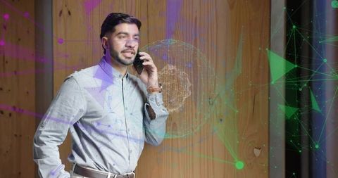 Businessman Discussing Ideas on Phone with Digital Network Visualization