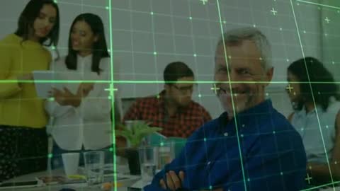 Innovative Business Team Collaborating Around Digital Grid Interface