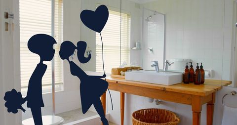 Romantic Bathroom Interior with Couple Silhouettes and Balloons