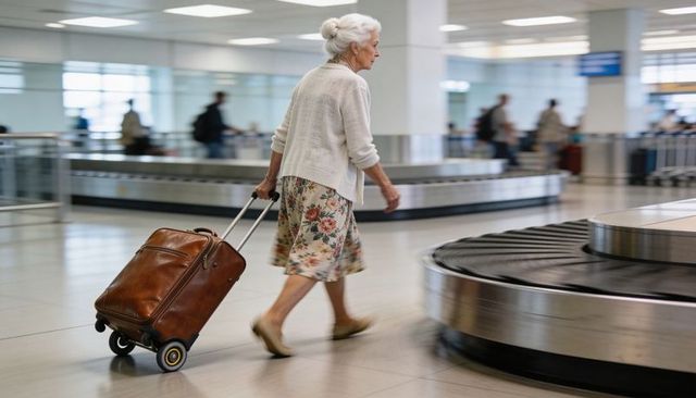 Senior woman walking through airport pulling brown leather suitcase past baggage carousel