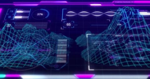 Neon holographic wireframe landscape displaying futuristic data dashboard and dna waveform