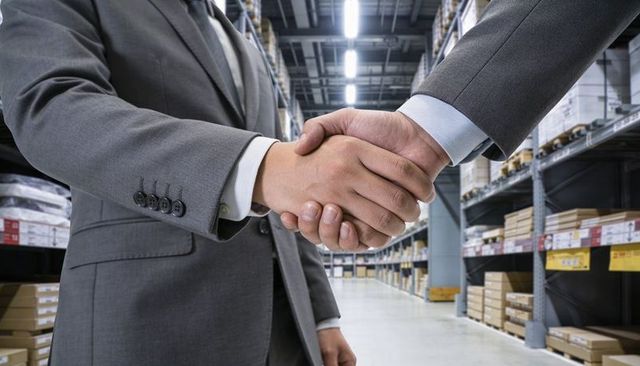 Executives shaking hands in warehouse aisle sealing logistics partnership and supply deal