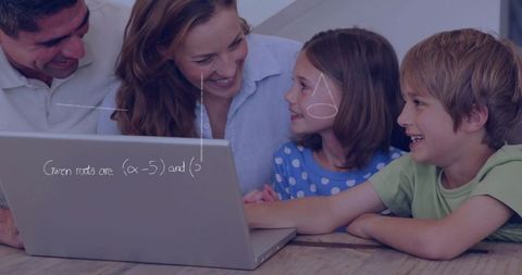 Family learning together at laptop showing math doodles, parental support and cozy bonding