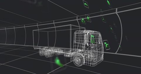 Futuristic semi-truck in digital grid tunnel with green interface icons