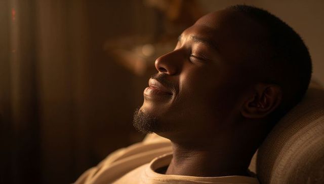 Relaxed man reclining on sofa enjoying warm lamp glow and peaceful evening serenity
