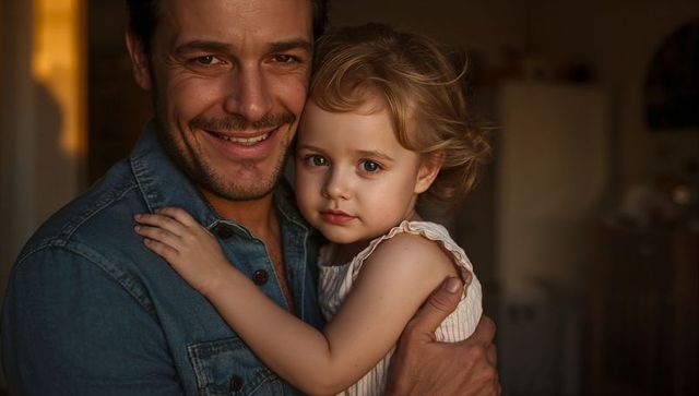 Warm golden-hour father holding toddler daughter close, affectionate family embrace at home