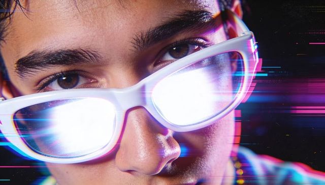 Teen staring through white futuristic glasses with neon glitch light streaks closeup