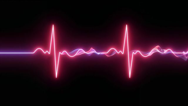 Pulsing neon ecg waveform emitting magenta peaks and blue spectral waves on black