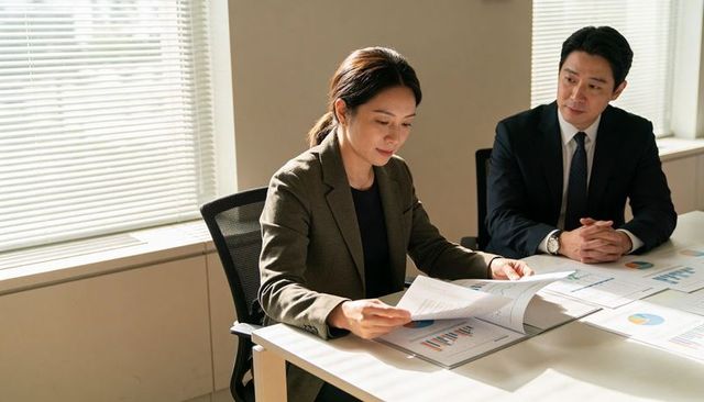 Female executive reviewing financial reports with colleague in bright corporate meeting